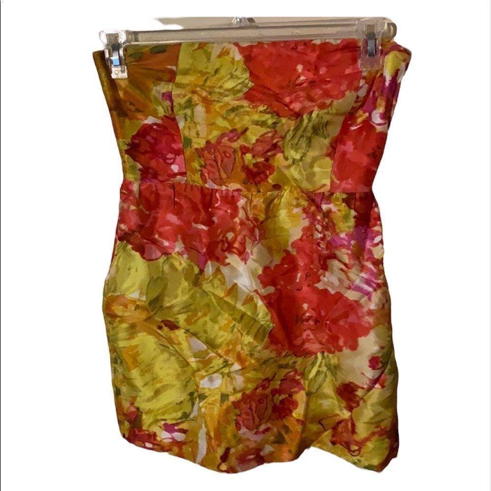 J Crew strapless Mini Dress Yellow Pink Red floral 100% silk y2k